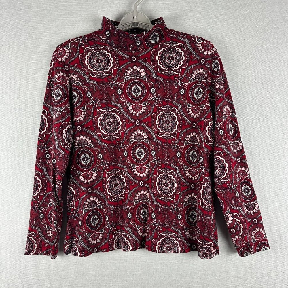 CROFT & BARROW WOMEN'S RED FLORAL PRINT, LONG SLEEVE, MOCK NECK TOP - SIZE XL